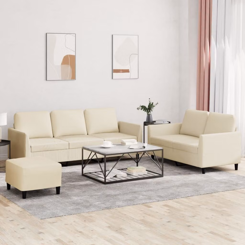Set di divani vidaXL 3 pezzi in similpelle beige con pouf e cuscini per soggiorno