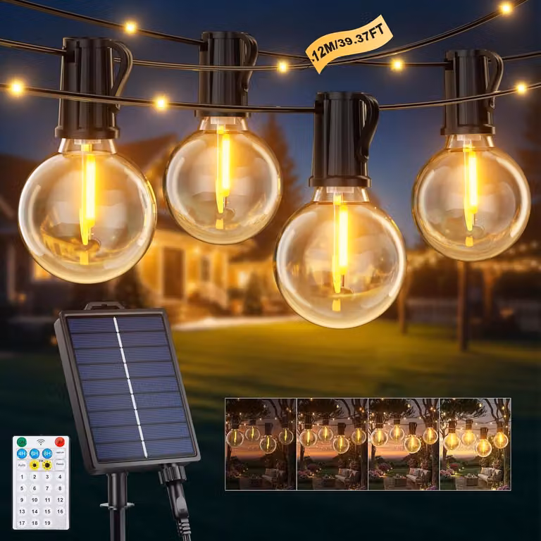 Catena luminosa da 12 metri - Tipo G40 - A energia solare - Per uso esterno