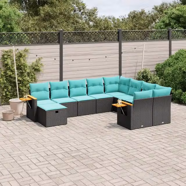 Set Divani da Giardino 10 pz con Cuscini Nero in Polyrattan 3227156