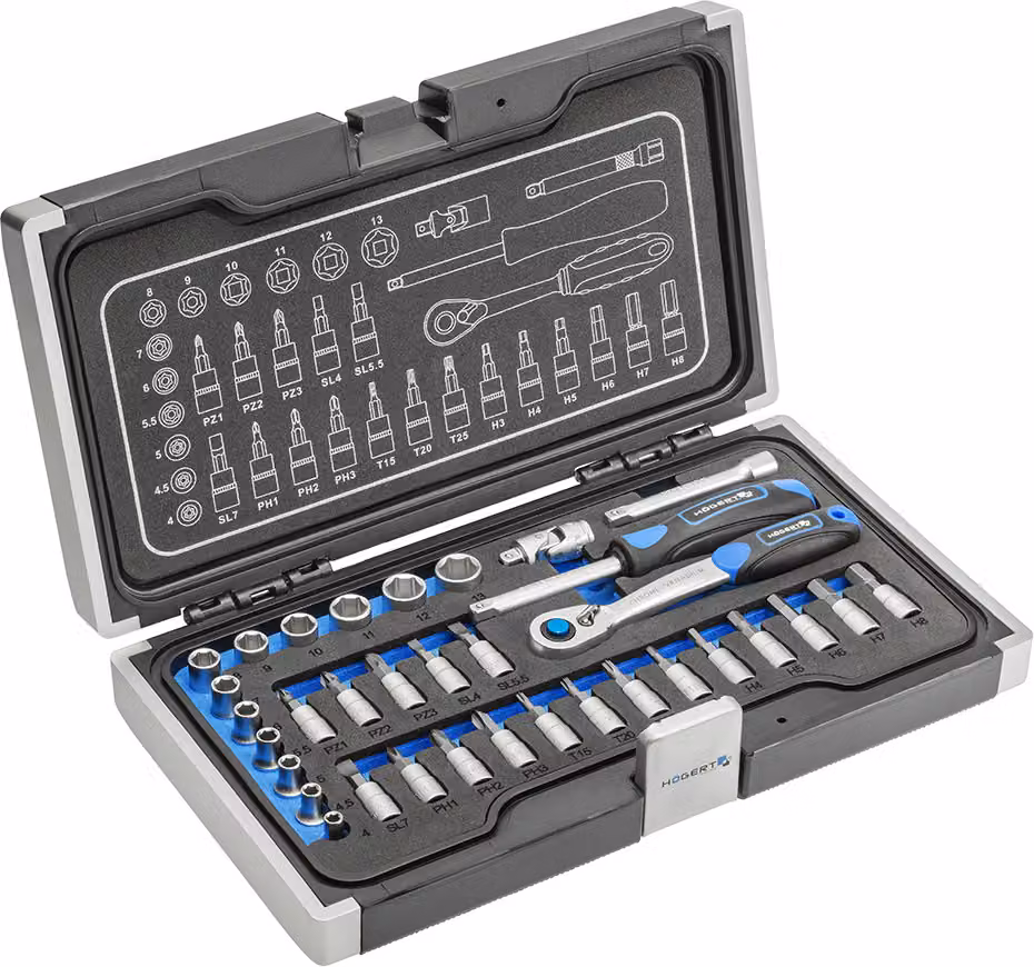 Set di utensili 34 pezzi Chiavi a bussola 1/4" 34 pezzi. HT1R464 Valigetta HOGERT