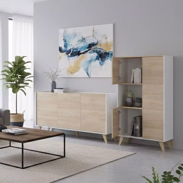 DMORA Mobile TV Modern in Legno Rovere Marrone e Bianco con Ante a Battente e Ripiani Interni
