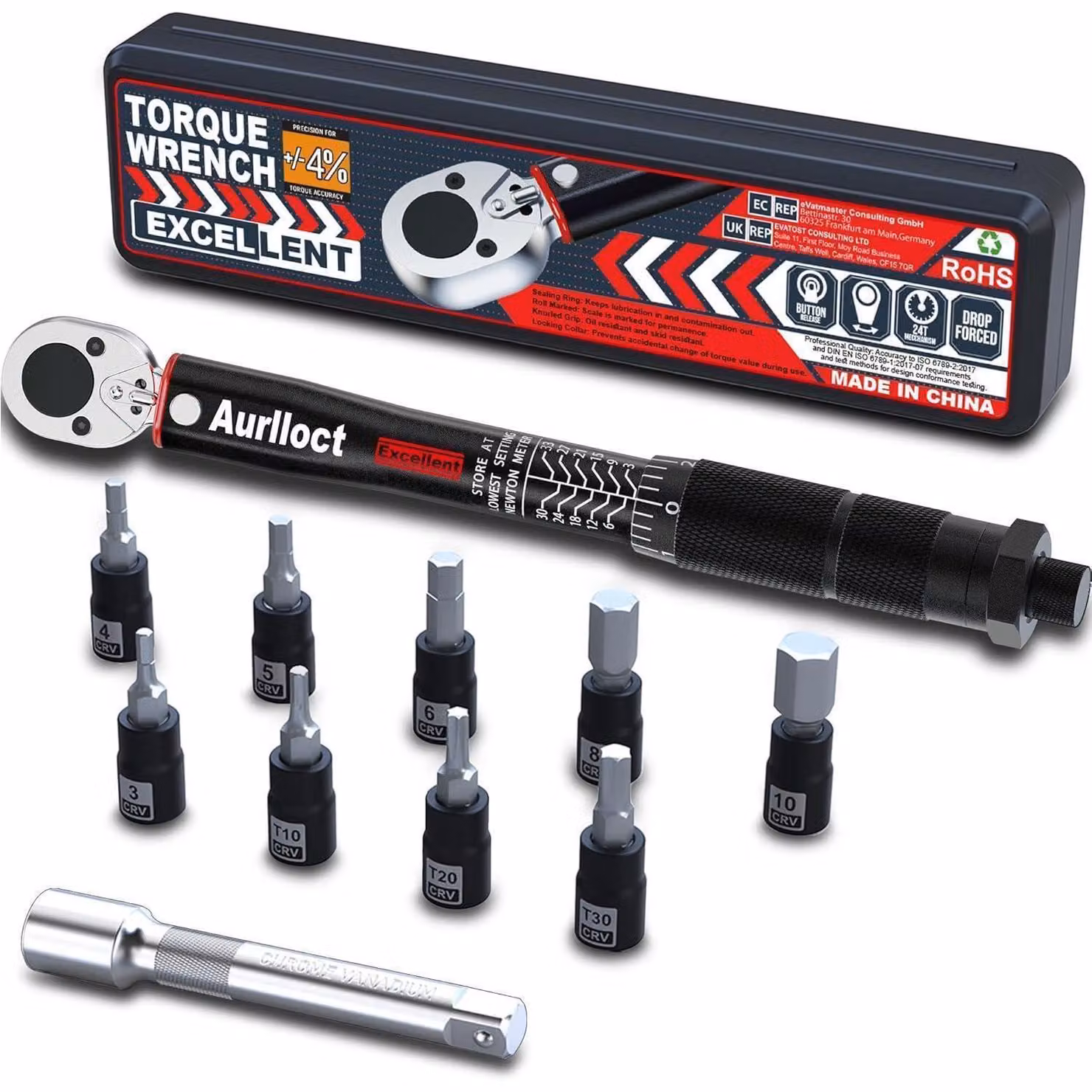Set di chiavi dinamometriche da 1/4 di pollice, 3-33 Nm, 11 pezzi, inclusi prolungamento e inserti per biciclette/motociclette