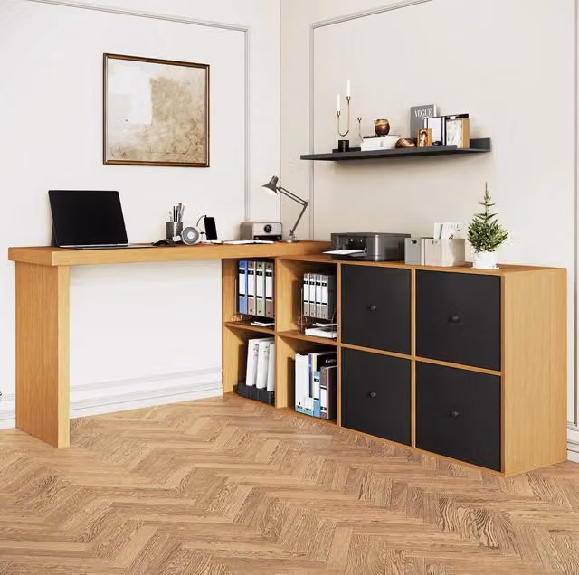 Scrivania angolare girevole in MDF nero e rovere
