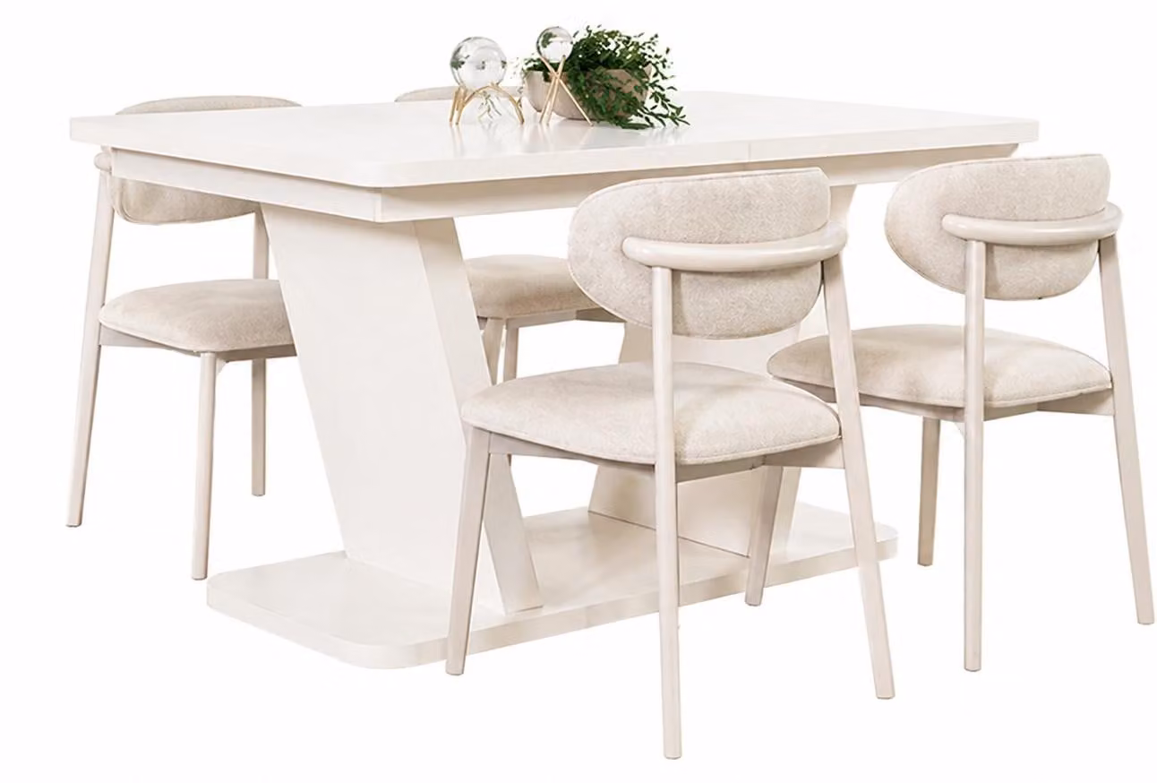 Set completo per sala da pranzo: tavolo robusto in legno e moderne sedie imbottite