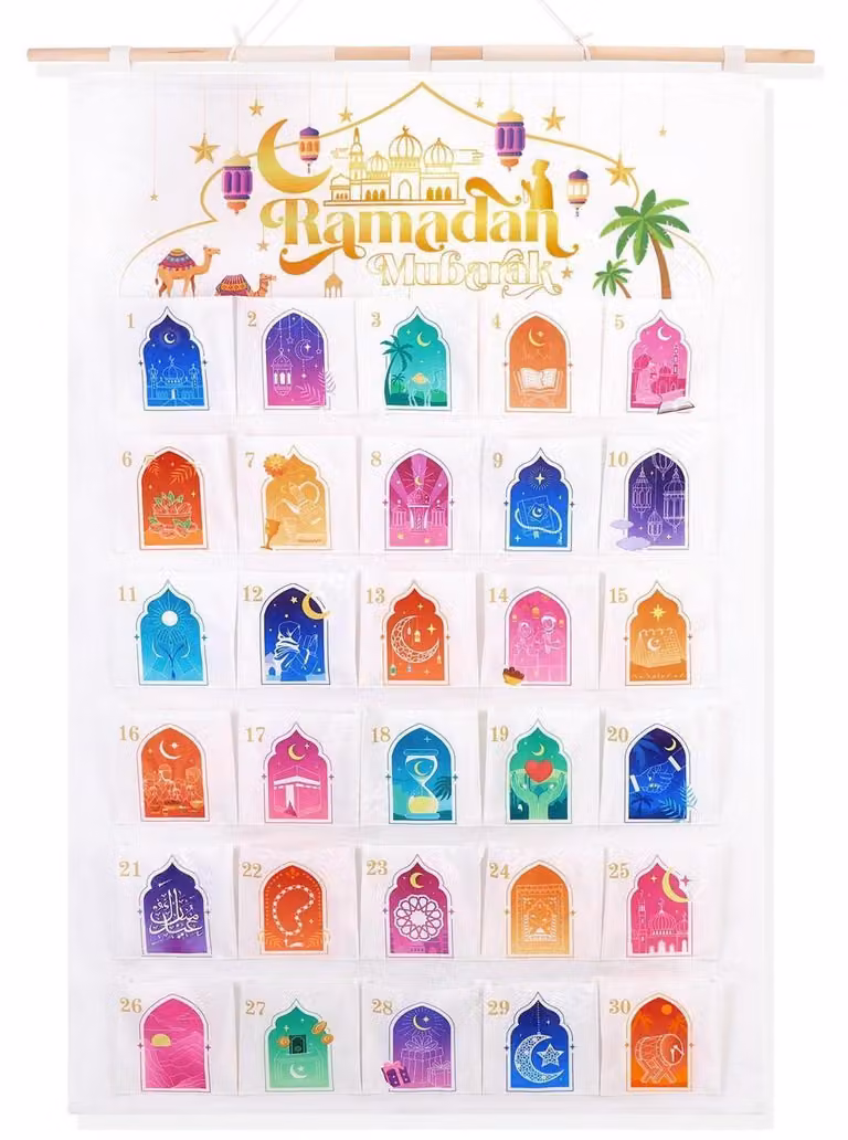 Calendario del Ramadan riutilizzabile in tessuto per il 2026, con 30 tasche per essere appeso al muro