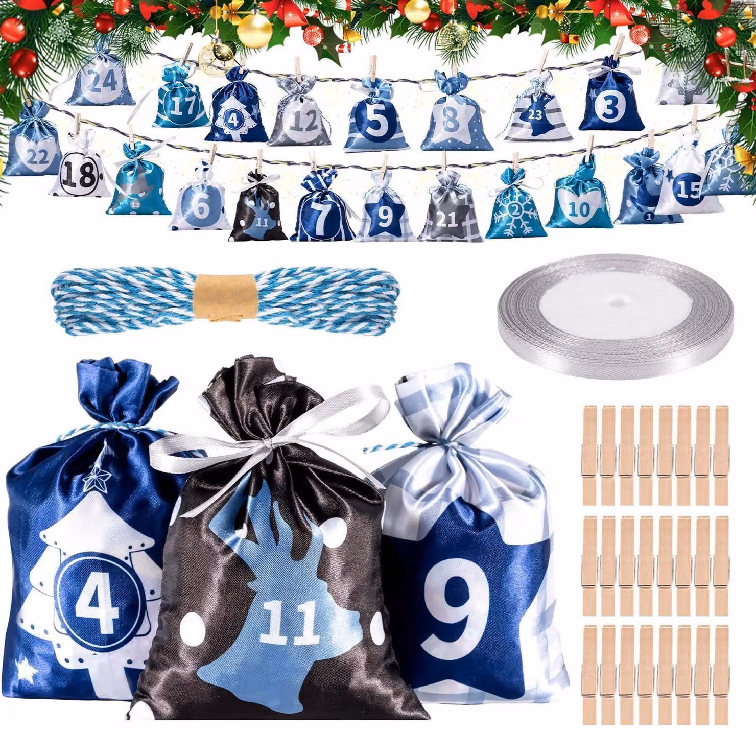 Calendario dell'Avvento da riempire, composto da 24 sacchetti di tessuto blu e grigio, dimensioni 12x17 cm, con accessori inclusi