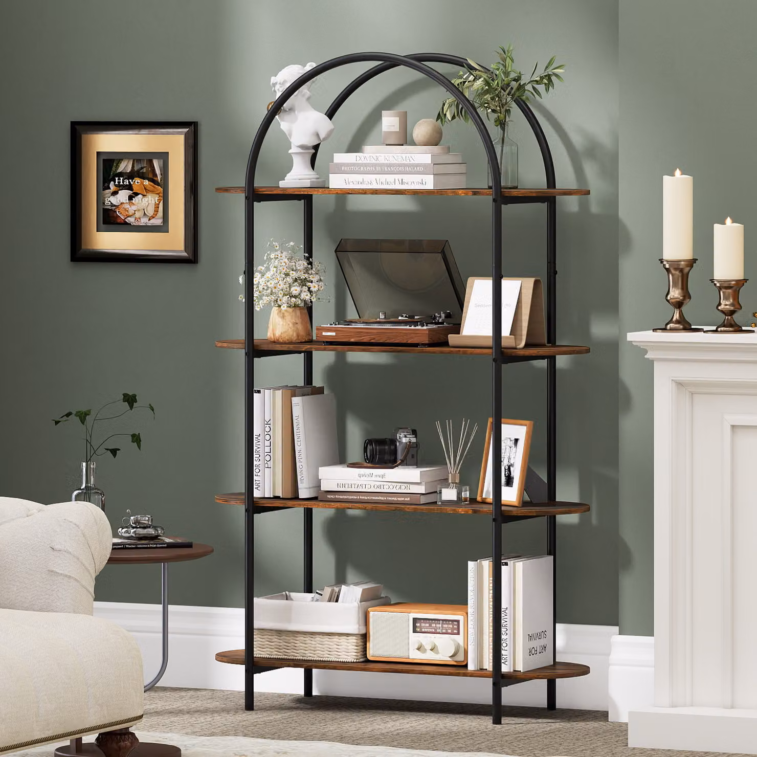 Libreria a forma di arco Costway in stile industriale con 4 ripiani, struttura metallica robusta autoportante per soggiorno, ufficio o camera da letto, disponibile in nero e marrone