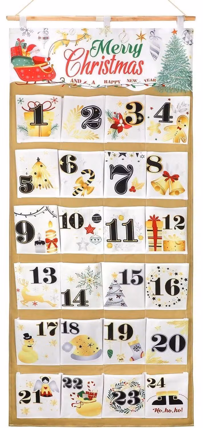 Calendario dell'Avvento riutilizzabile, tessuto, con 24 tasche, da appendere, dimensioni 128x58 cm, colore oro