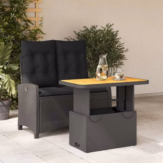 Set da Pranzo da Giardino 2 pz con Cuscini Nero in Polyrattan 3277394