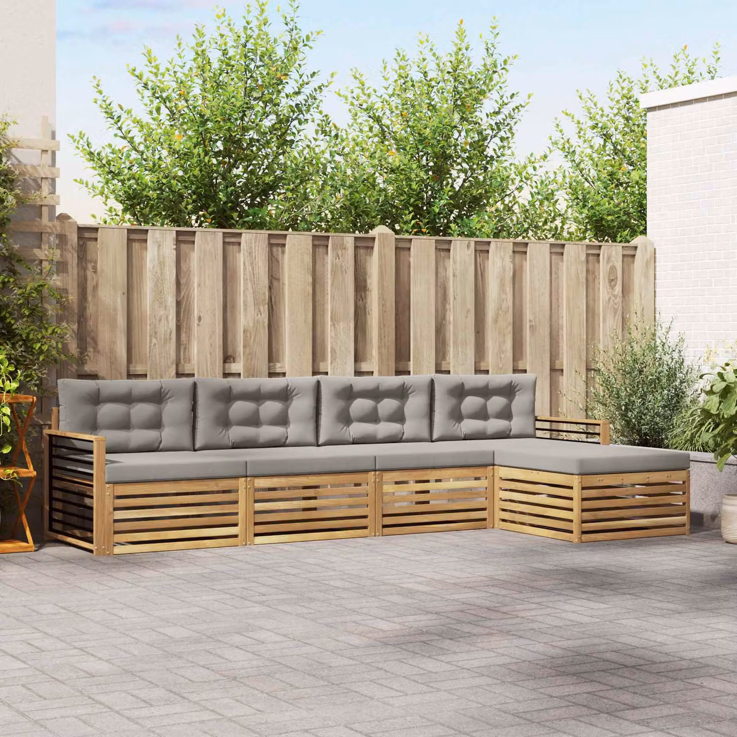 Set di divani da esterno vidaXL a forma di L con pouf, in legno di acacia e tessuto resistente ai raggi UV, Bianco e Grigio