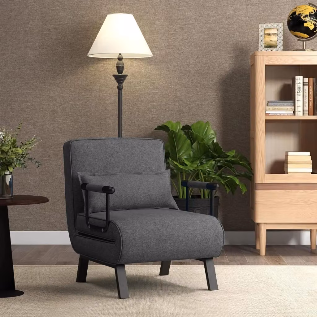 Poltrona Letto Singolo 4 in 1 Costway, Poltroncina Pieghevole con Schienale Regolabile in 6 Posizioni e Braccioli, Divano Imbottito in Tessuto Grigio Scuro, L/P/H: 79 x 65 x 79 cm – 2