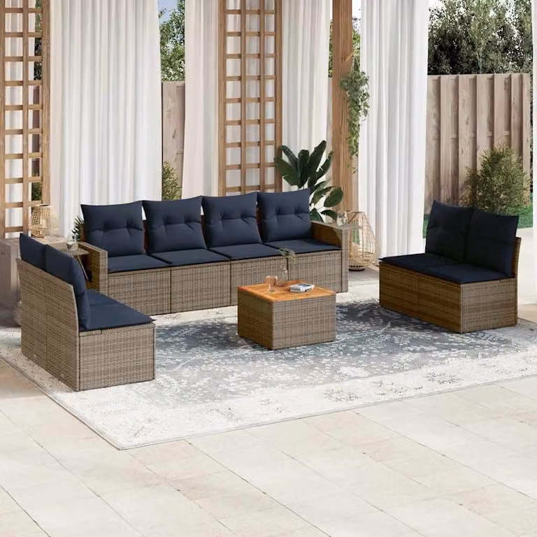 Set di divani da giardino vidaXL in polyrattan 9 pezzi con cuscini, colore grigio e blu, design moderno a forma di U per esterno