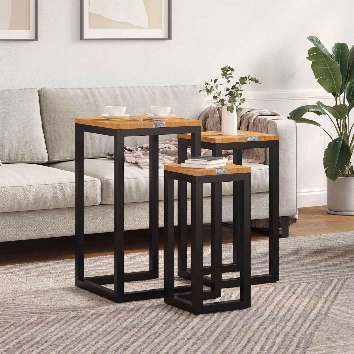 Set di 3 tavolini nesting vidaXL in legno di teak massiccio marrone per soggiorno