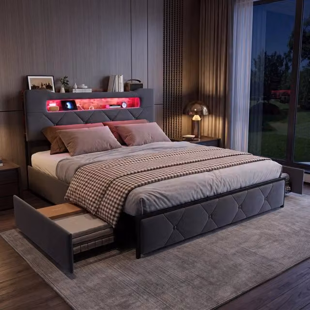 Letto Matrimoniale 160 x 200 cm;Letto Contenitore con 4 cassetti;Testiera con contenitore; LED e USB;Velluto;Grigio
