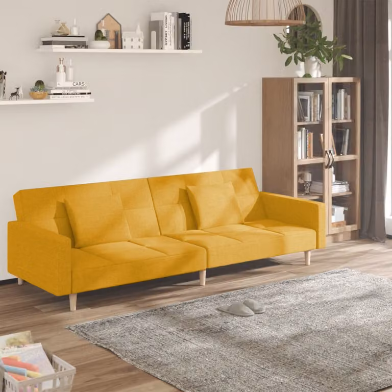 vidaXL Divano Letto Click-Clack Moderno in Tessuto Giallo con Cuscini e Struttura in Legno Solido