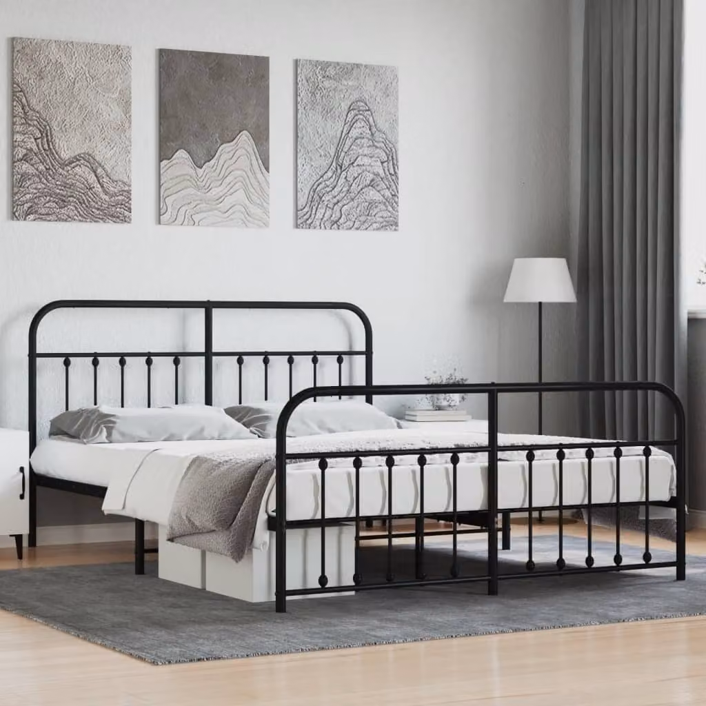 The Living Store Struttura letto con testiera e pediera in metallo nero 183x213 cm