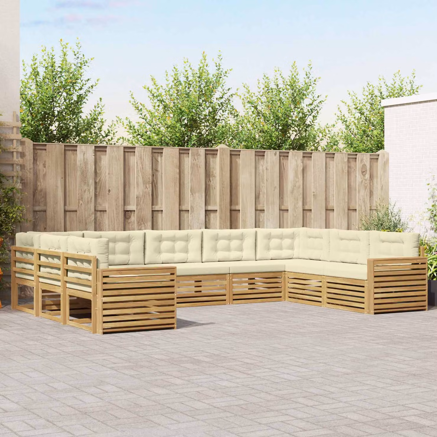 Set di divani da esterno vidaXL a forma di L in legno di acacia con cuscini, Bianco e Beige