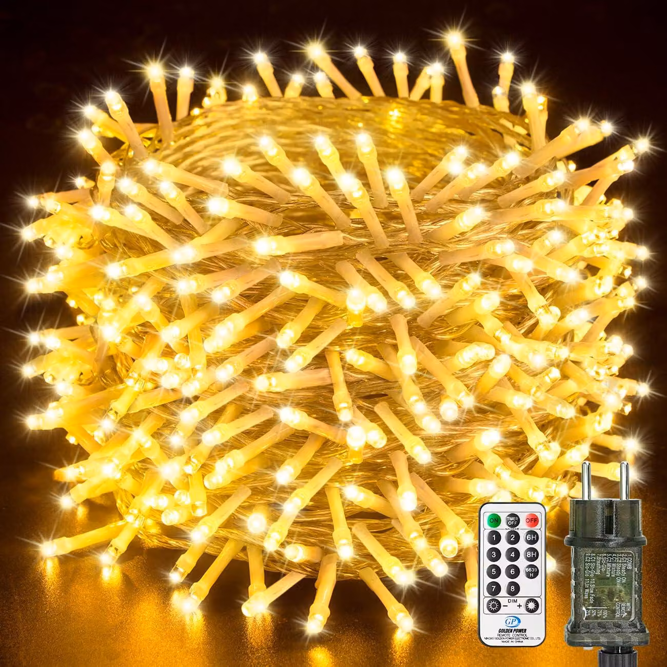 Catena luminosa da 50 metri, con 500 LED, luce bianco caldo, dotata di telecomando