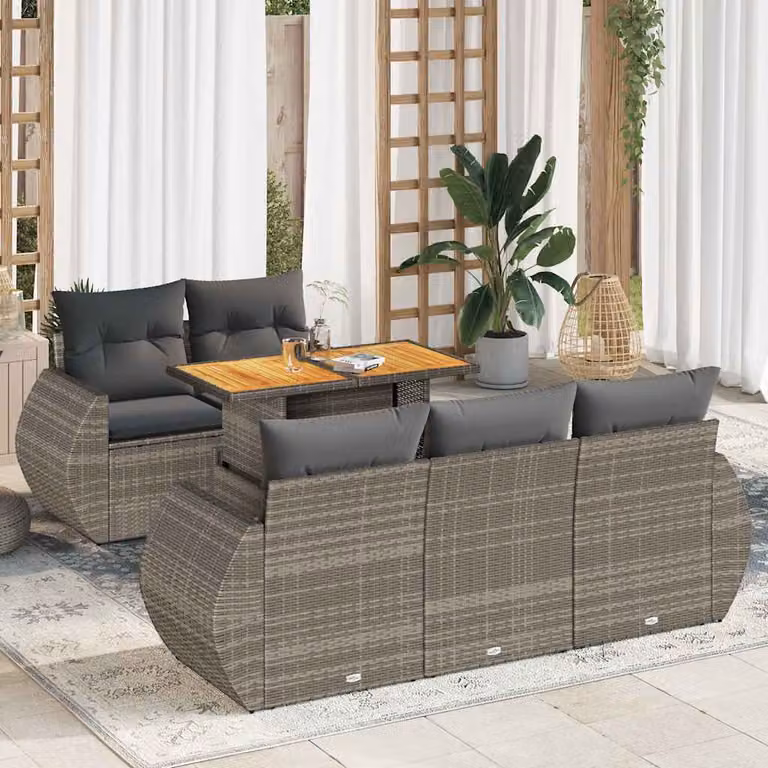 Set Divano da Giardino vidaXL a Forma di L in Polyrattan Grigio con 6 Cuscini e Tavolino da Esterno