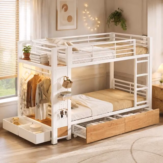 Letto a castello ULEVR 90x200 cm in metallo e MDF con cassetti, LED e area appendiabiti, bianco
