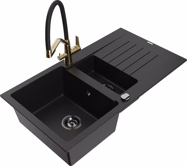 Mexen Matias lavello in granito con 1,5 vasche con scolapiatti e rubinetto da cucina Duo, nero - 6502-77-671701-57-B