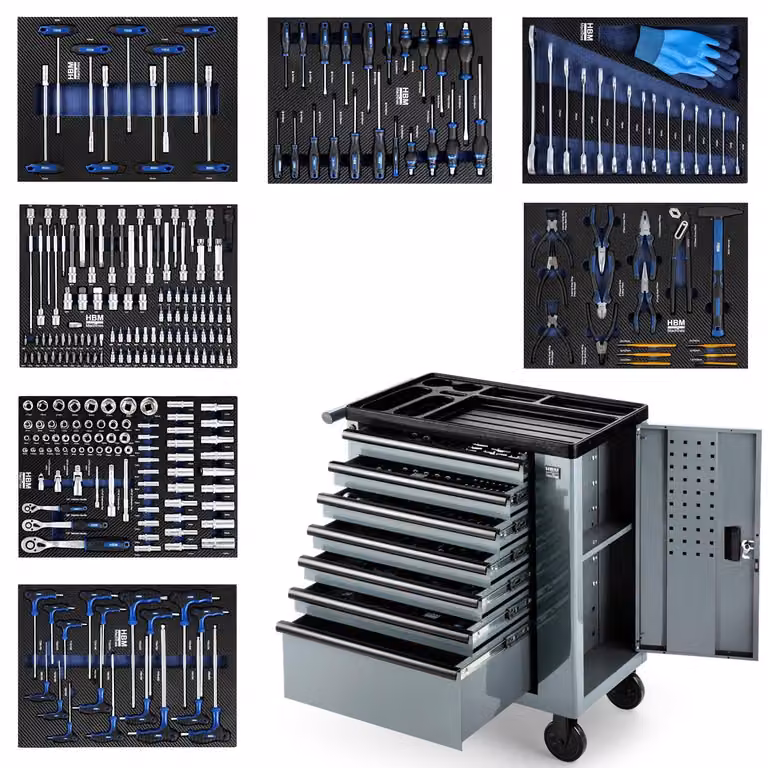 Carrello completo di attrezzi professionale Hbm,set 262 pezzi con 7 cassetti 6 scomparti e ruote da officina Carbon premium Olanda