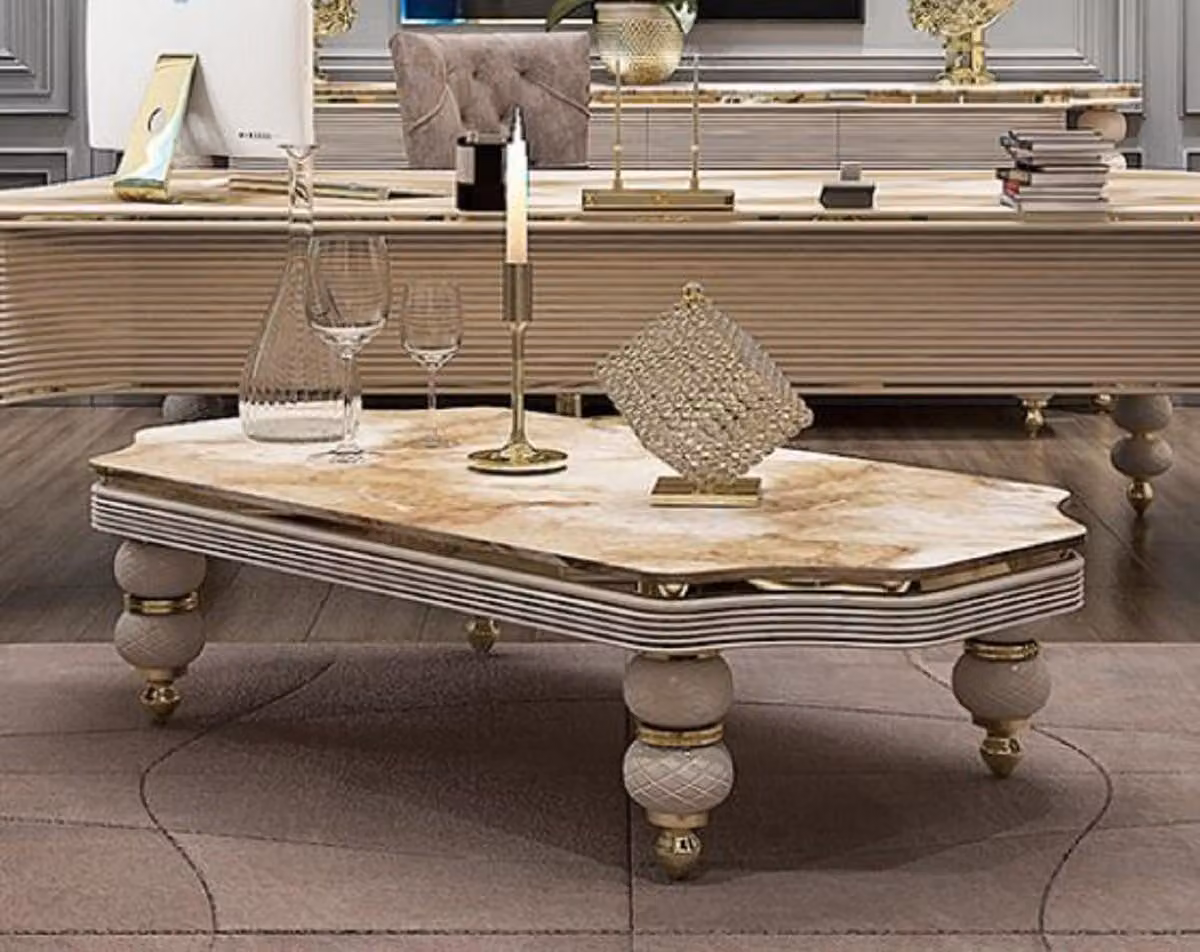 Casa Padrino Luxury Art Deco Coffee Table White / Beige / Grey / Gold - Tavolo da soggiorno con piano in marmo artistico - Art Deco Living Room & Hotel Furniture - Luxury Collection