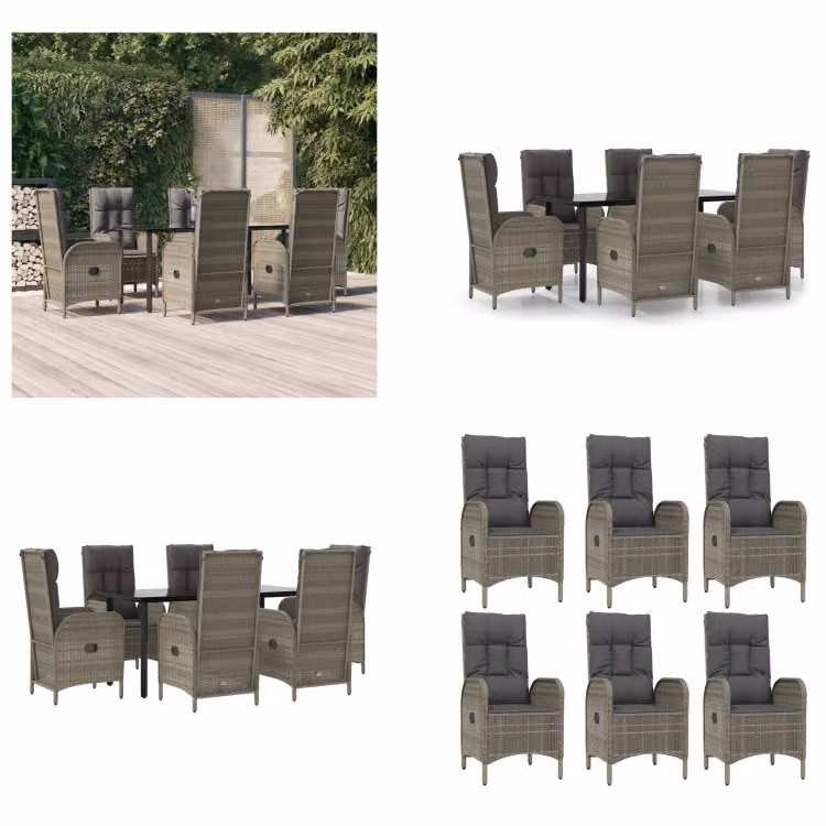 vidaXL Set da pranzo da giardino 7 pezzi con cuscini in poly rattan nero e grigio - Set da pranzo da giardino - Set da pranzo da giardino - Set da pranzo da terrazza