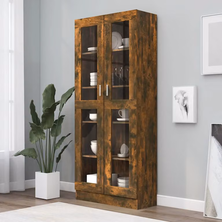 Vetrina Mobile vidaXL in Rovere Fumo con Ante in Vetro e Ripiani Interni, L 82,5 x P 30,5 x H 185 cm