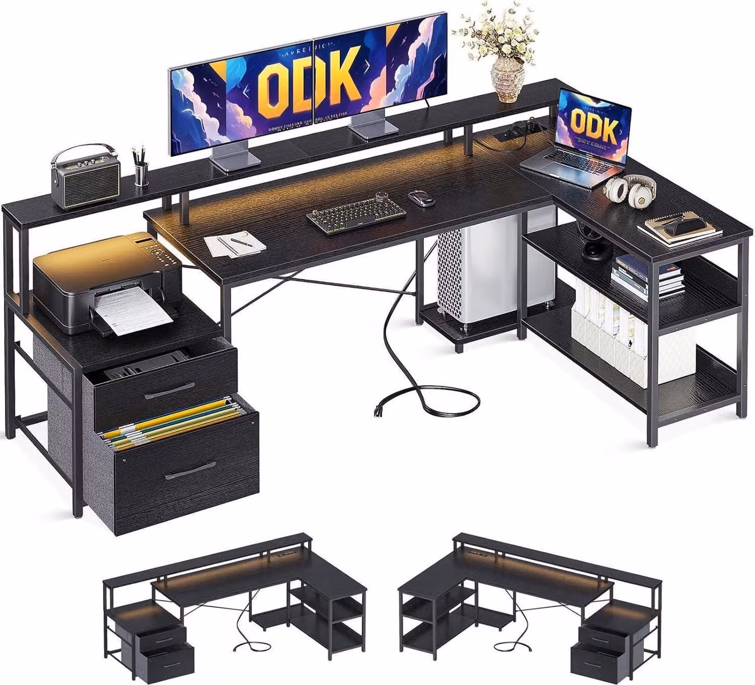 ODK LED Scrivania angolare a L con cassetti nero 189x100cm