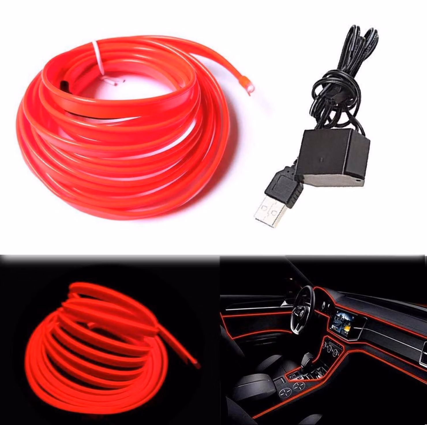 EL-Wire Rot: Tubo neon flessibile 3M, alimentazione a corrente continua 5V, ideale per illuminazione interna e decorazione di automobili