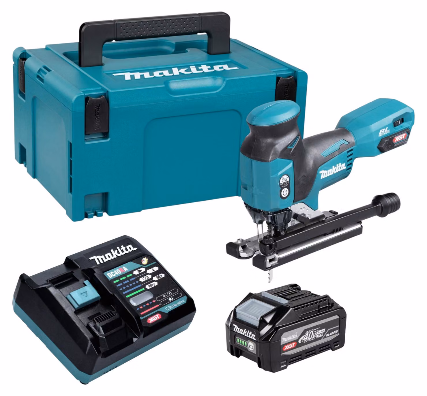 Seghetto alternativo a batteria Makita JV 001 GU101 40 V max. 135 mm Brushless + 1x batteria da 4,0 Ah + caricabatterie + Makpac