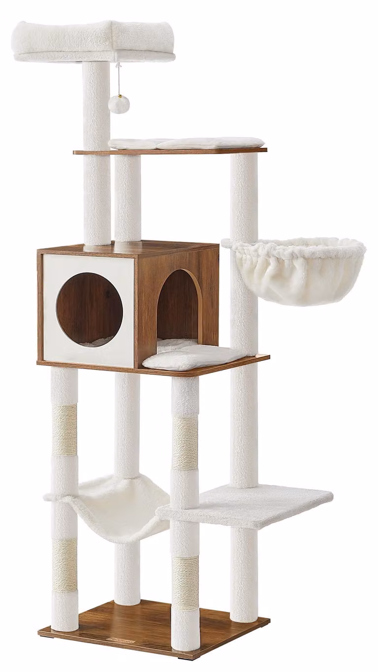Feandrea, tiragraffi grande, altezza 165 cm, albero per gatti, amaca, pallina in peluche – color miele