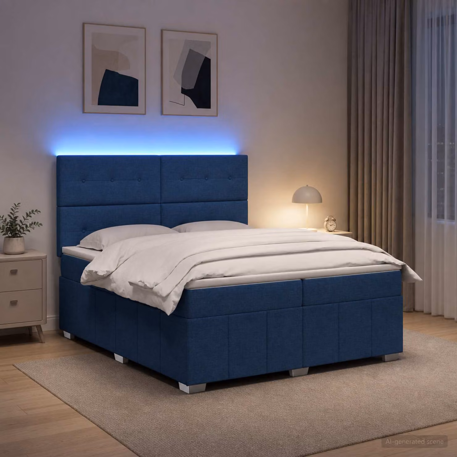 Letto Box Spring vidaXL con Materasso Blu e Bianco, Illuminazione LED e Porta USB, L/P: 200 x 200 cm