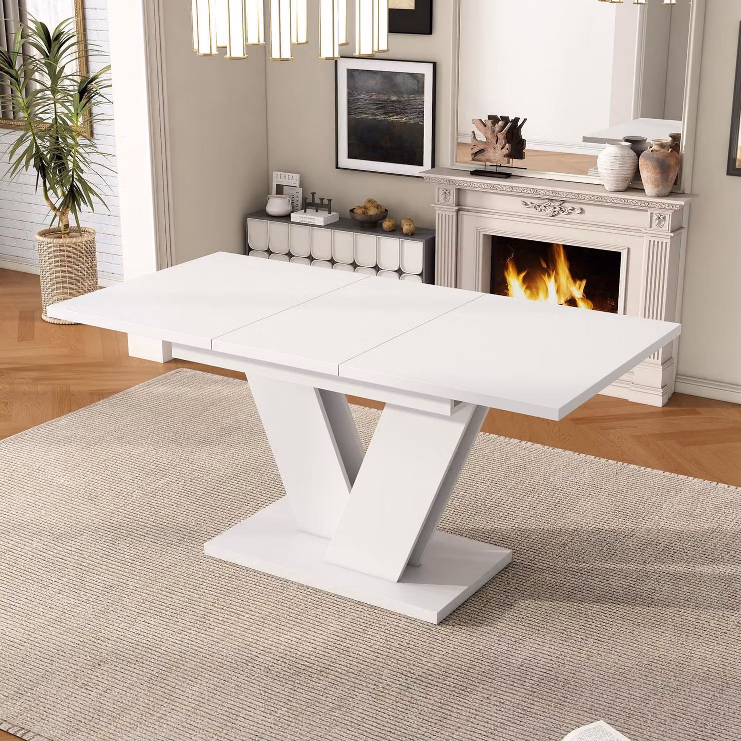 Tavolo da pranzo Flieks Tavolo da pranzo rettangolare, tavolo da cucina allungabile con gambe a V, tavolo allungabile per 4-8 persone, 120-160x80x75,5 cm, bianco