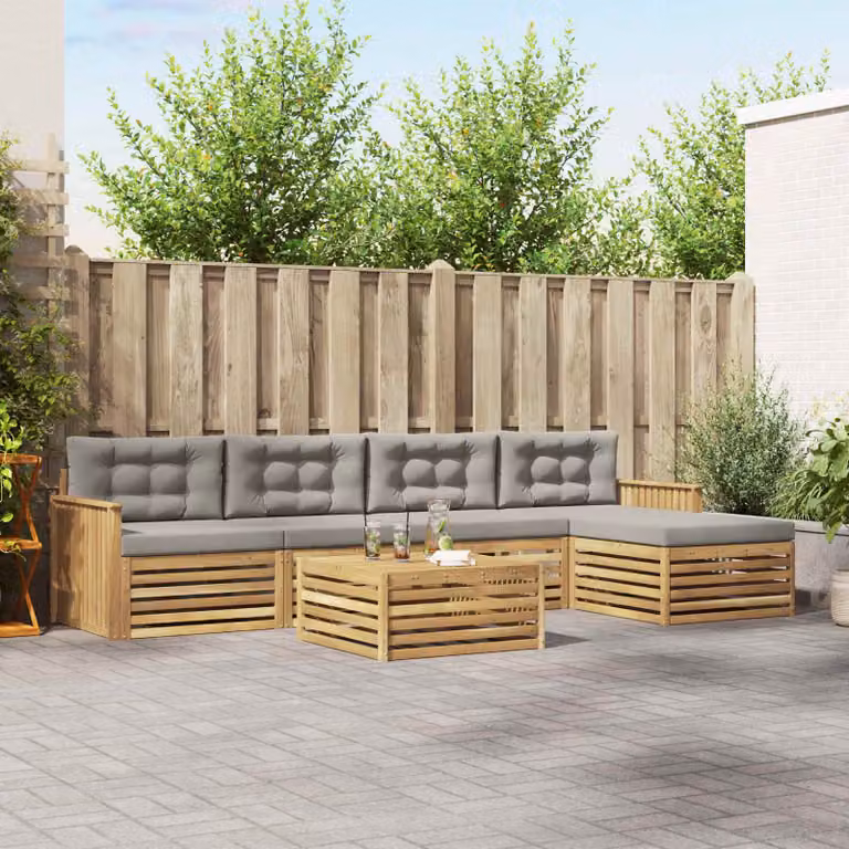 vidaXL Set di divani da esterno a L composto da 6 pezzi con tavolino e pouf, in legno di acacia e tessuto resistente ai raggi UV, Bianco e Grigio Chiaro