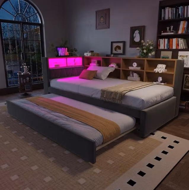 Divano letto multifunzione 90x200 cm con letto estraibile 90x190 cm; LED; USB e vano portaoggetti; grigio scuro