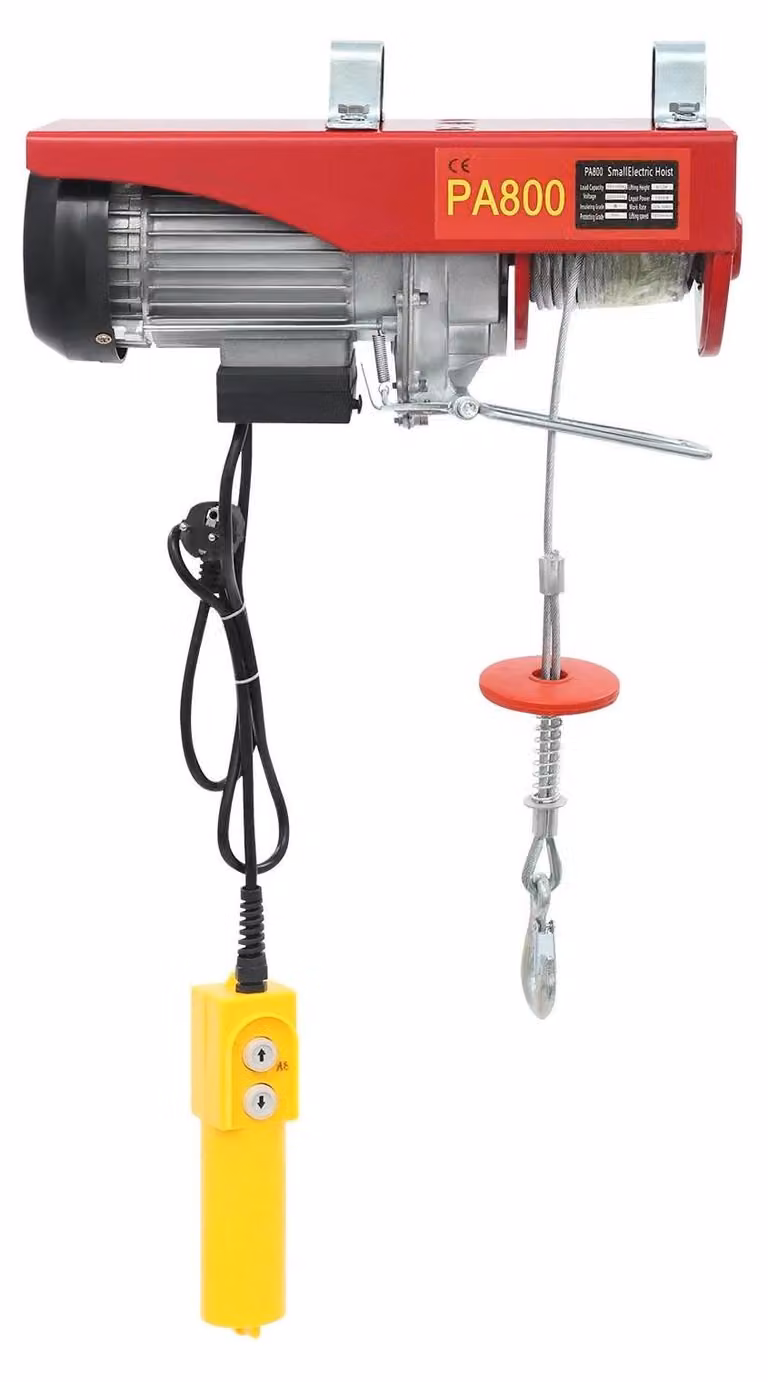 Tirante elettrico - Argano - Capacità di sollevamento: 400–800 kg - Potenza: 1300 W, 220 V - Altezza di sollevamento: 6–12 m - Velocità: 10 m/min - Telecomando a cavo - Materiale: acciaio/alluminio, grado di protezione IP40 - Colore: rosso