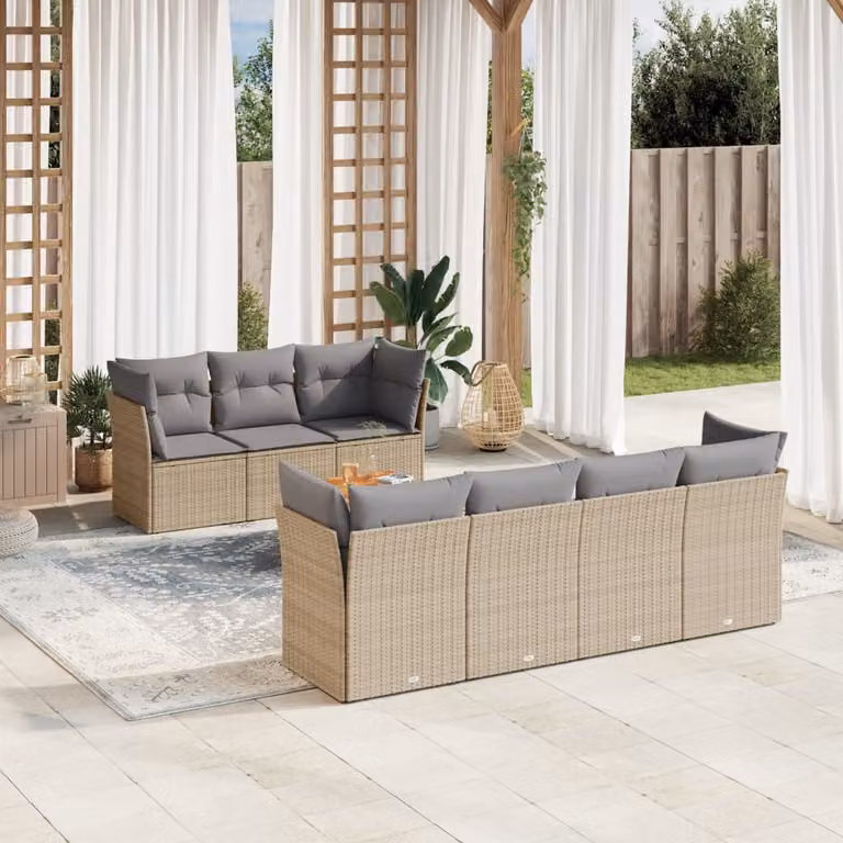 vidaXL Set Divano da Giardino a L 8 pz con Tavolino e Cuscini Beige in Polyrattan e Acciaio