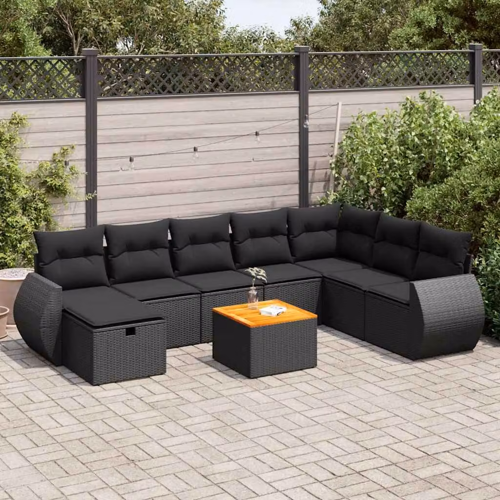 Set Divani da Giardino vidaXL 9 pz in Polyrattan e Legno di Acacia con Cuscini, Tavolino e Ottoman, Colore Nero e Marrone