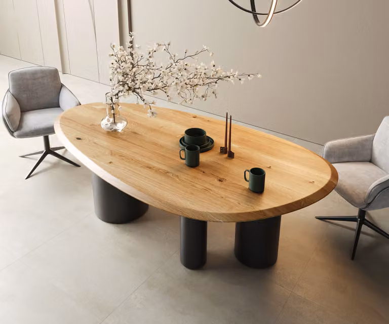 DELIFE Tavolo da pranzo Edge ovale 220x120x2,5 Rovere naturale Troa Metallo nero Flow-Edge