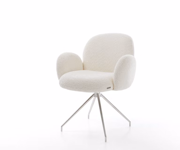 Sedia girevole DELIFE Nube-Flex con braccioli, rivestita in tessuto bouclé bianco, struttura a croce in acciaio inossidabile conico, girevole a 180°, con molle insacchettate