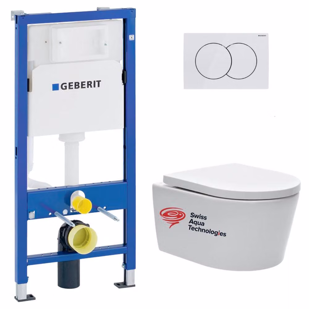 Set WC sospeso Geberit con WC senza bordo Swiss Aqua Technologies, sedile SoftClose e pulsante