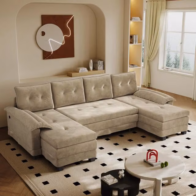 Divano letto modulare a U 278x127x87 cm con USB; in ciniglia color cammello