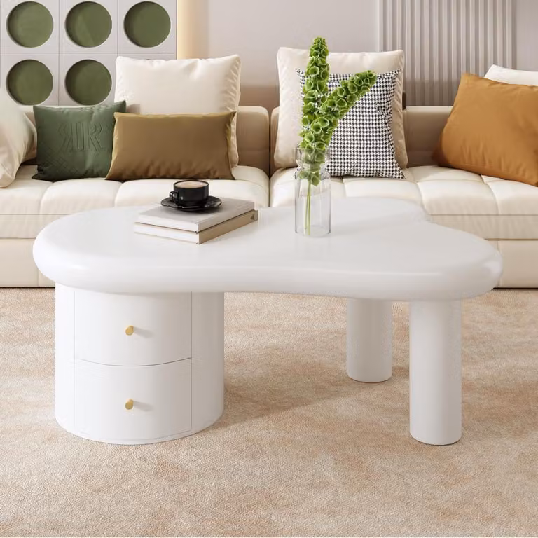 AIORBER Tavolino moderno bianco di forma irregolare con 2 cassetti, salvaspazio e stabile, 97×64×42cm