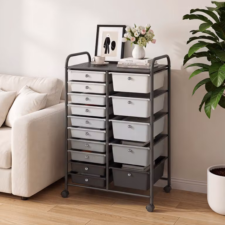 Carrello portaoggetti Costway con 15 cassetti in plastica e ruote bloccabili, cassettiera salvaspazio per casa e ufficio, Nero