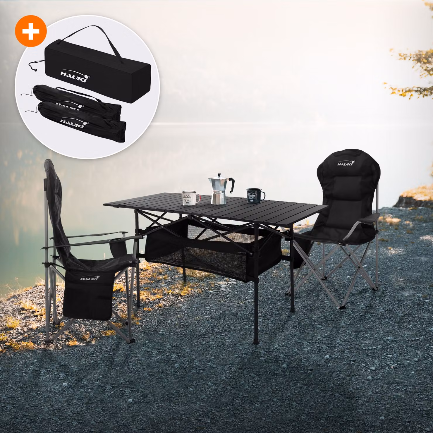 Set di mobili da campeggio Hauki 3 pezzi, tavolo pieghevole nero con 2 sedie da campeggio, inclusa borsa per il trasporto