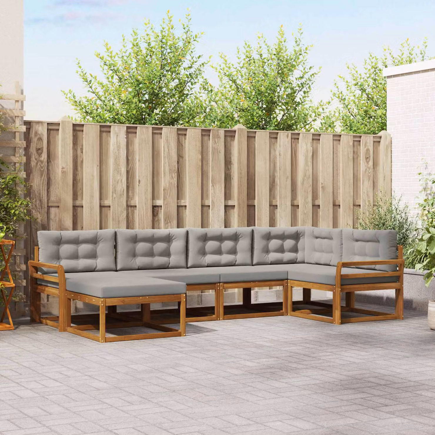Set di divani da esterno vidaXL a forma di L composto da 6 pezzi in legno di acacia con cuscini inclusi, colori beige, grigio e marrone