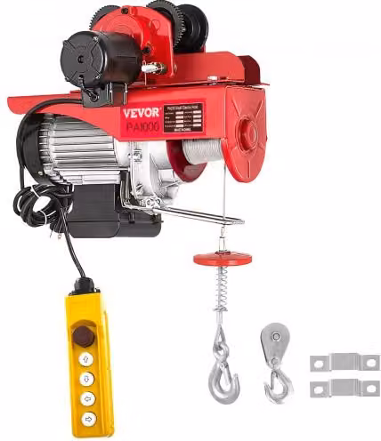Paranco Elettrico a Fune con Carrello VEVOR Rosso, Capacità 1000kg, 220V, Altezza di Elevazione 3 m