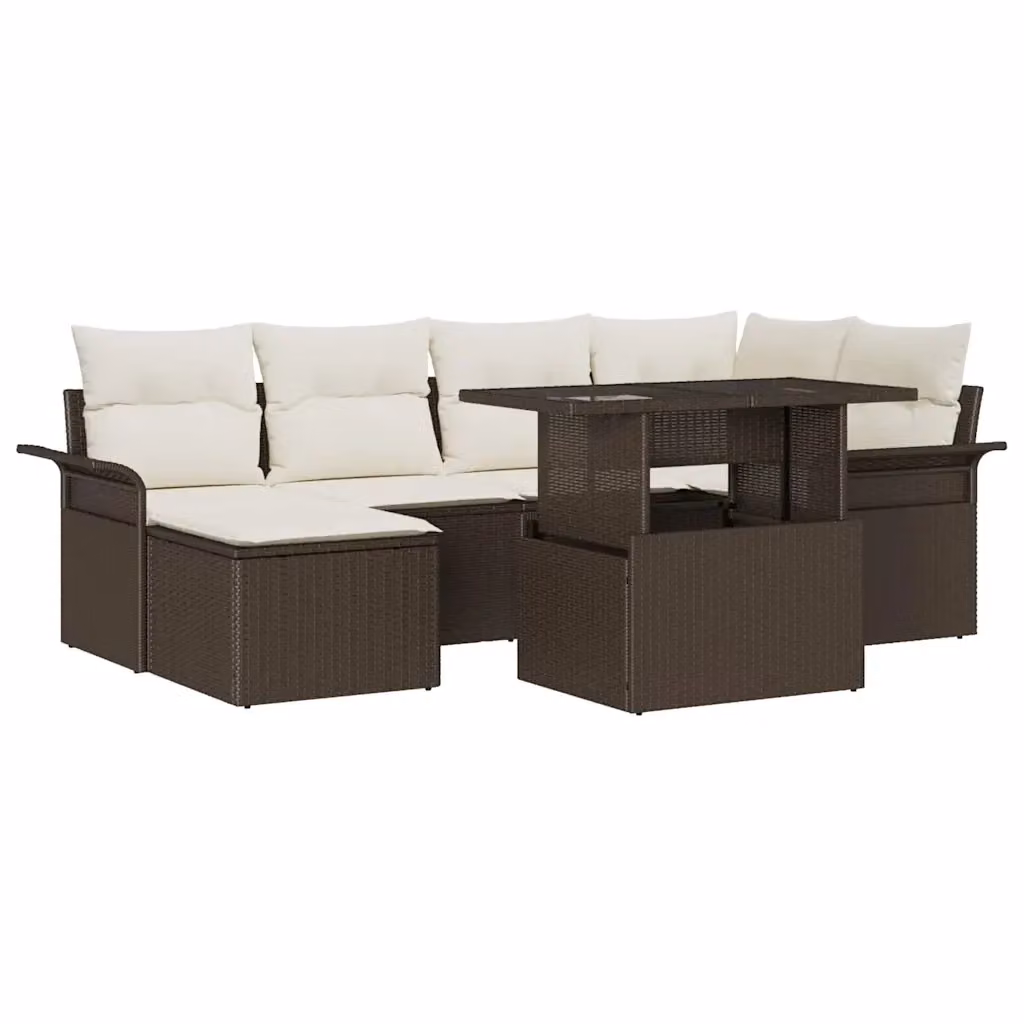 Set Divano da Giardino vidaXL 7 Pezzi a Forma di L Marrone con Cuscini e Tavolino in Poly Rattan e Acciaio – 2